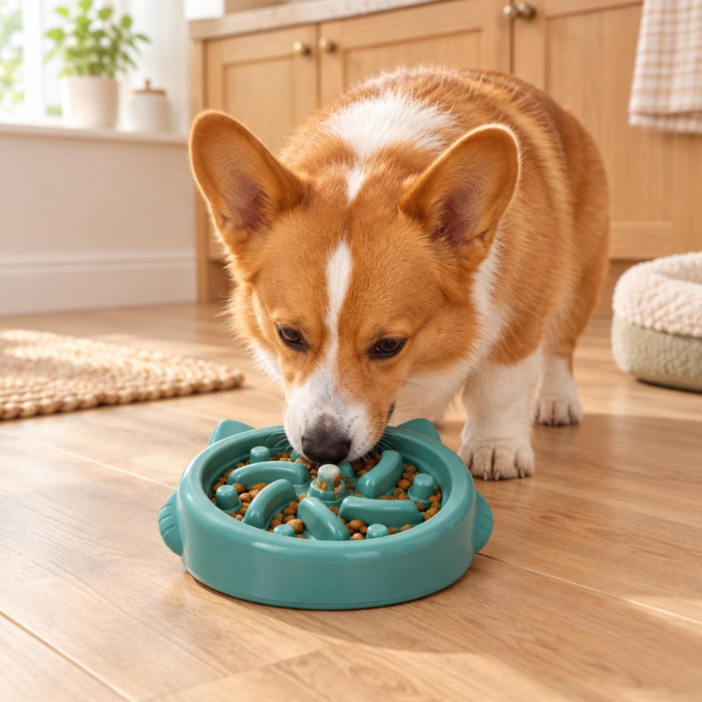 A corgi eating from the green cat-ear swirl slow feeder bowl on a wooden floor