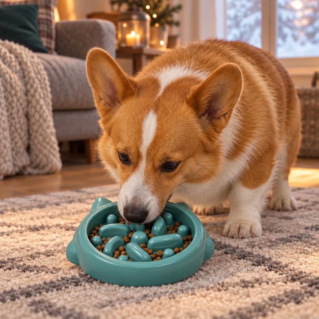 A corgi eating from the green cat-ear swirl slow feeder bowl on a rug