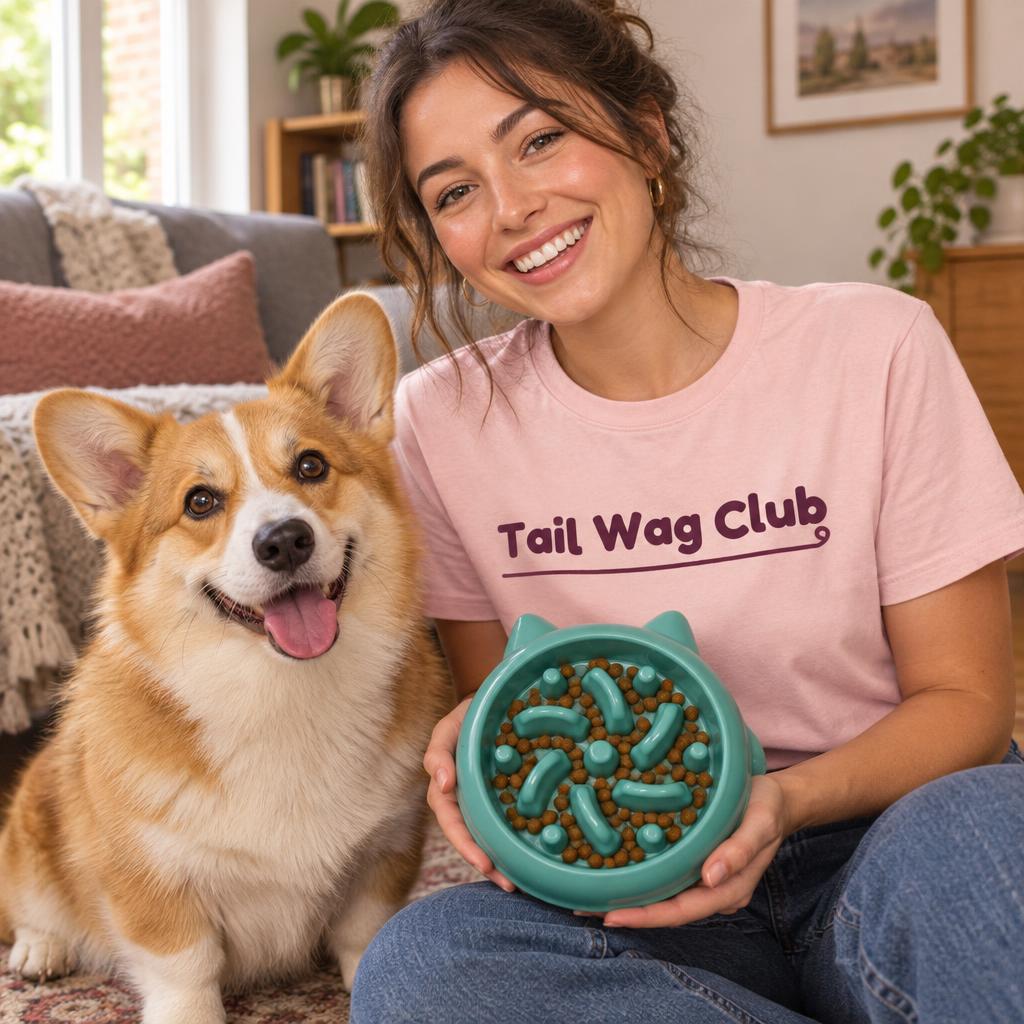 [lifestyle] Smiling owner in a pink "Tail Wag Club" t-shirt with a corgi and the green cat-ear swirl slow feeder bowl