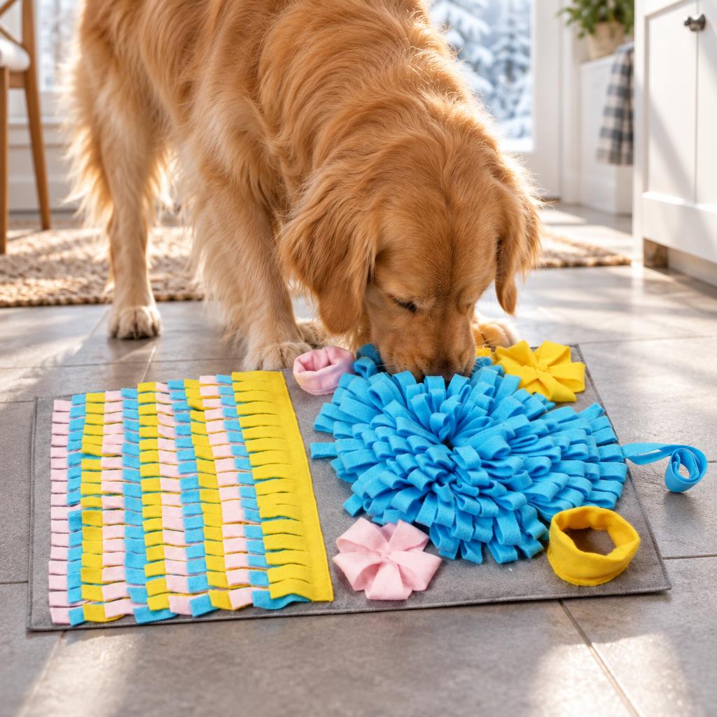 A golden retriever sniffing treats on the grey 3D snuffle mat with blue, yellow and pink fabric flowers on a tiled floor
