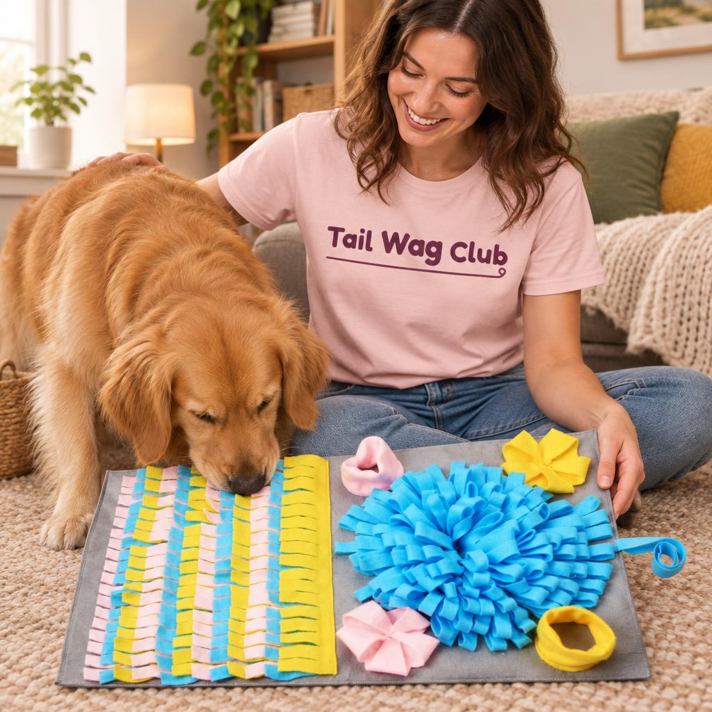 [lifestyle] Smiling owner in a pink "Tail Wag Club" t-shirt with a golden retriever and the grey 3D snuffle mat with blue, yellow and pink fabric flowers