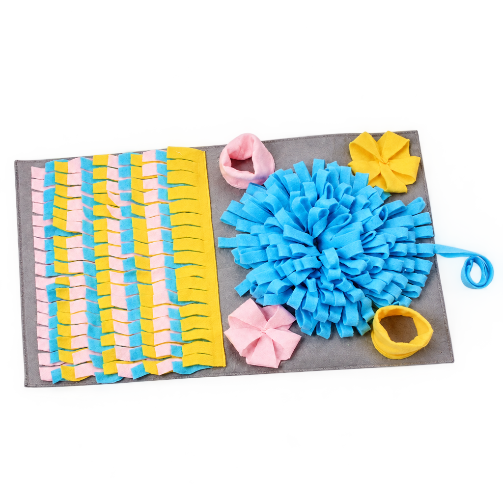 [packshot] Grey 3D snuffle mat with blue, yellow and pink fabric flowers on a transparent background, three-quarter view