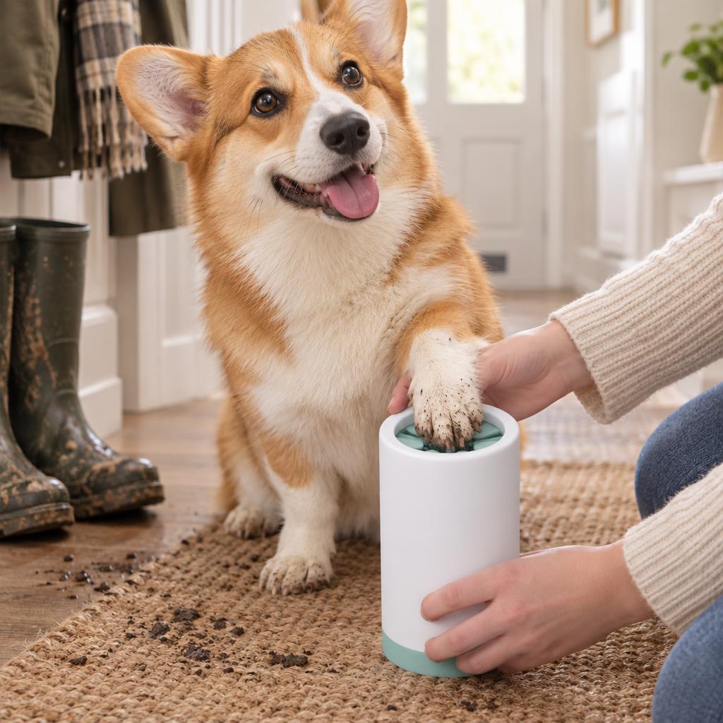A corgi having a paw cleaned in the green and white silicone paw cleaner cup in a hallway