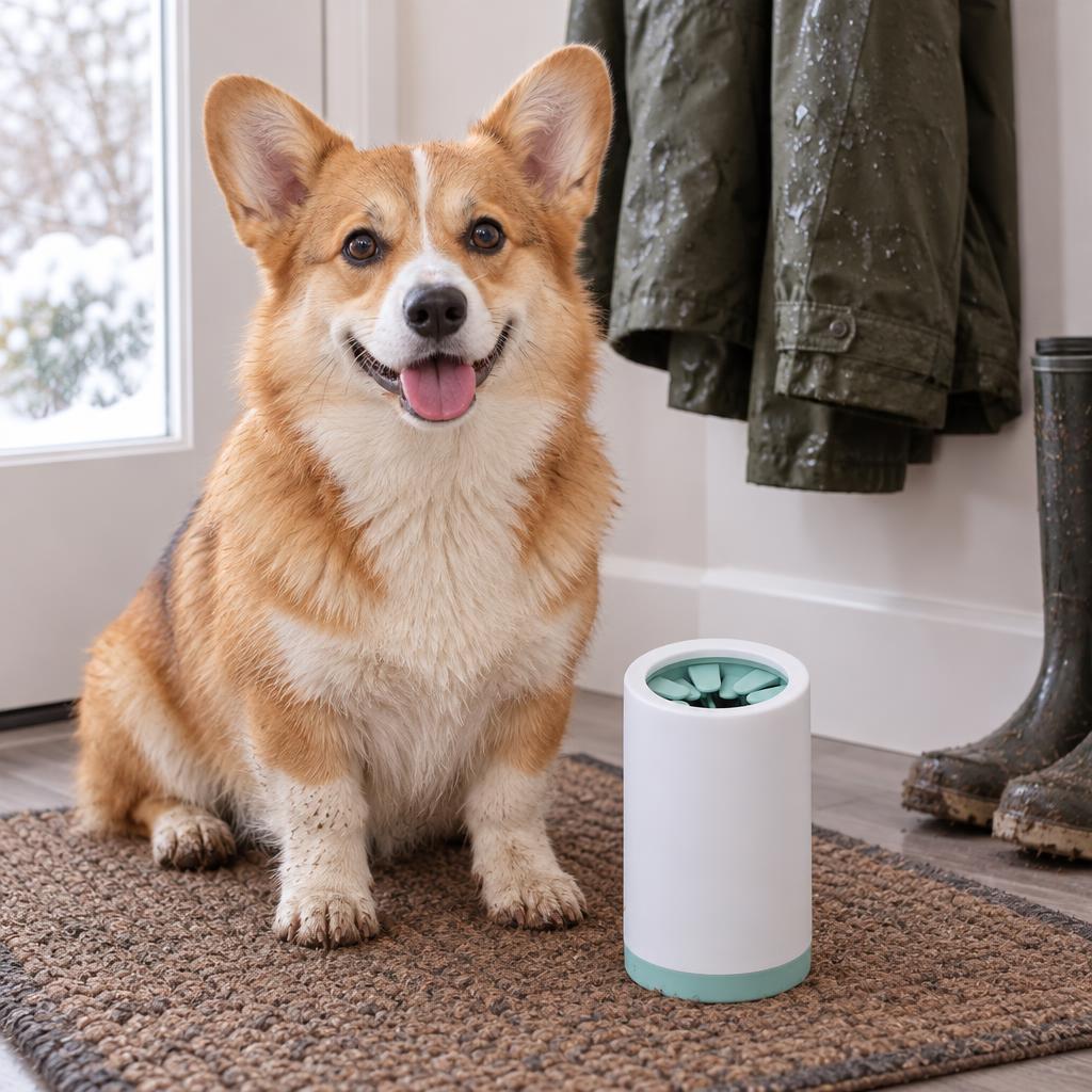 A corgi sitting beside the green and white silicone paw cleaner cup in a hallway