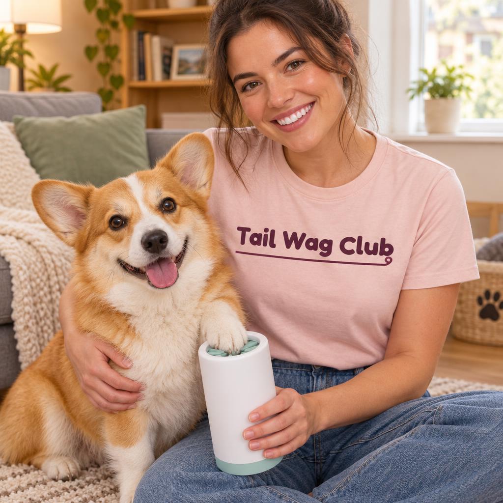 [lifestyle] Smiling owner in a pink "Tail Wag Club" t-shirt with a corgi and the green and white silicone paw cleaner cup