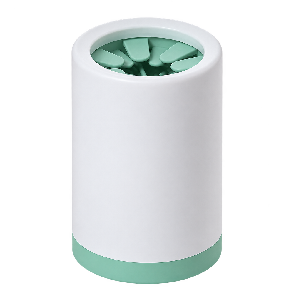 [packshot] Green and white silicone paw cleaner cup on a transparent background, three-quarter view