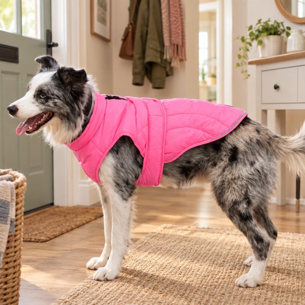 A merle border collie wearing the pink reflective padded dog jacket in a hallway