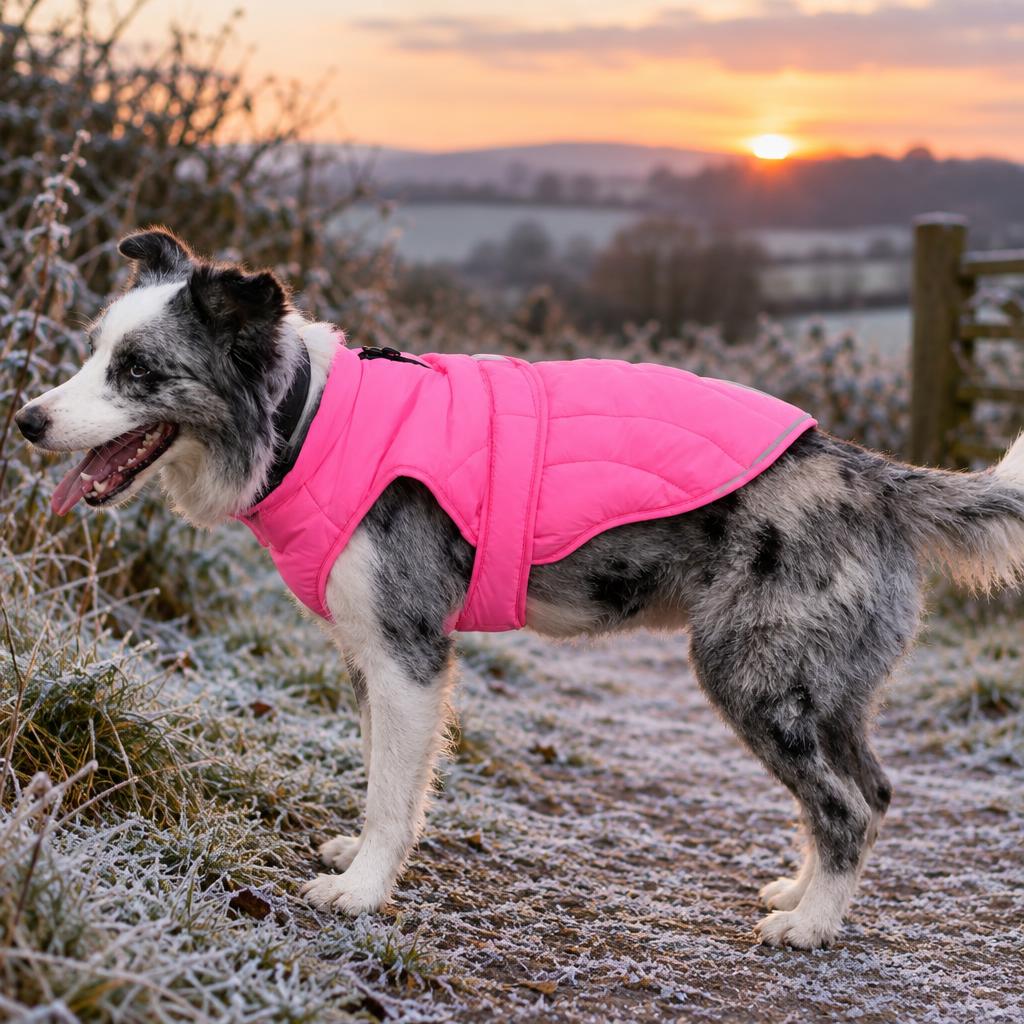 A merle border collie wearing the pink reflective padded dog jacket on a frosty morning walk