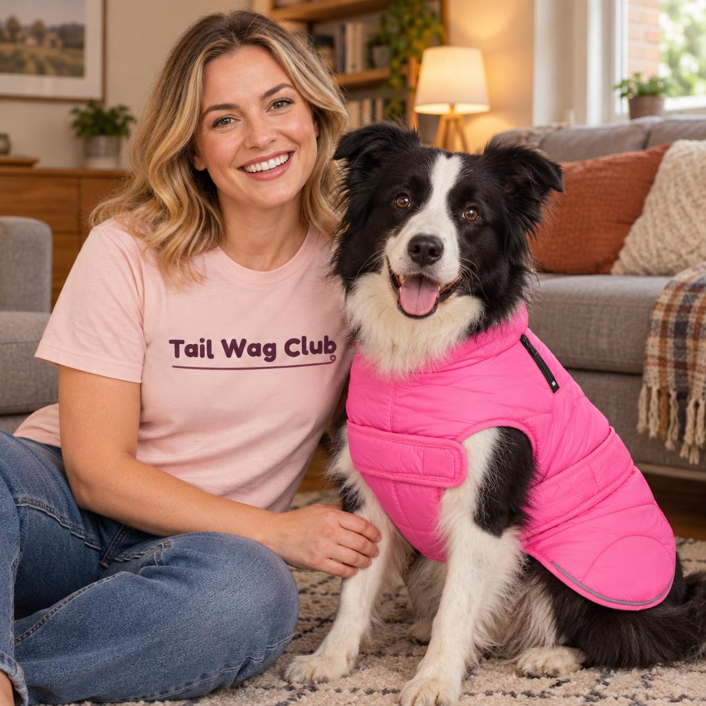 [lifestyle] Smiling owner in a pink "Tail Wag Club" t-shirt with a merle border collie and the pink reflective padded dog jacket
