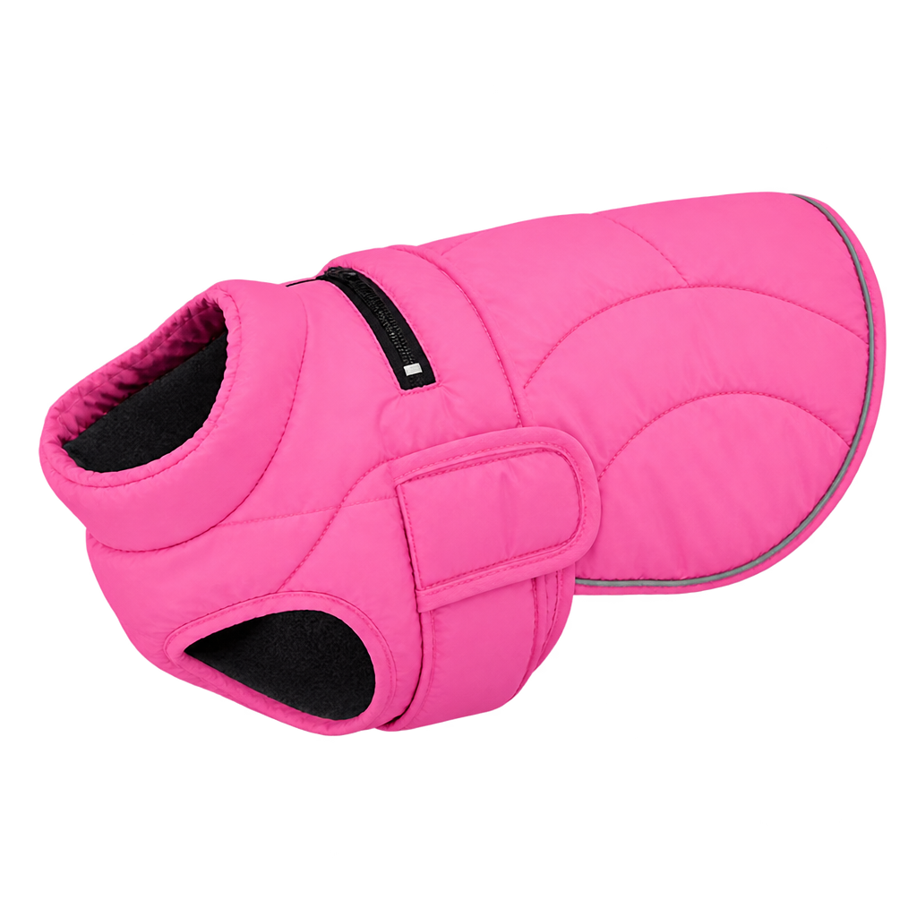 [packshot] Pink reflective padded dog jacket on a transparent background, three-quarter view