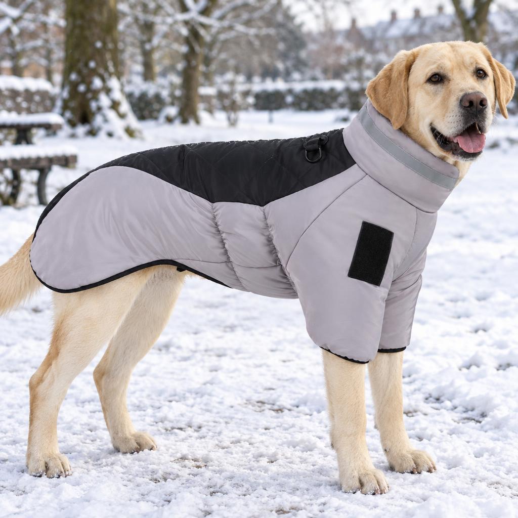 A yellow Labrador wearing the grey and black padded winter dog coat with a high collar in the snow
