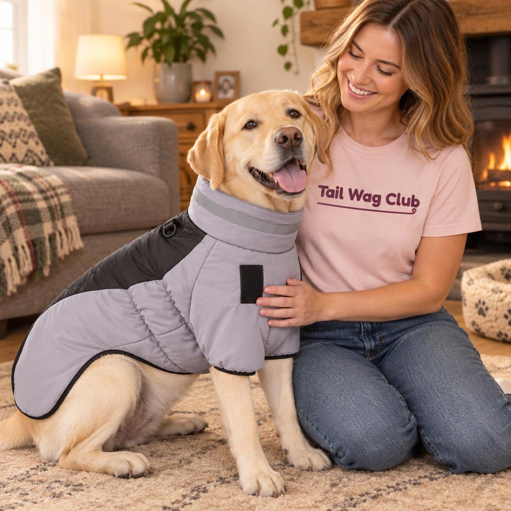 [lifestyle] Smiling owner in a pink "Tail Wag Club" t-shirt with a yellow Labrador and the grey and black padded winter dog coat with a high collar