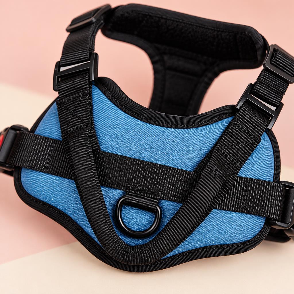 Close-up of the light blue padded no-pull dog harness on a soft pink background