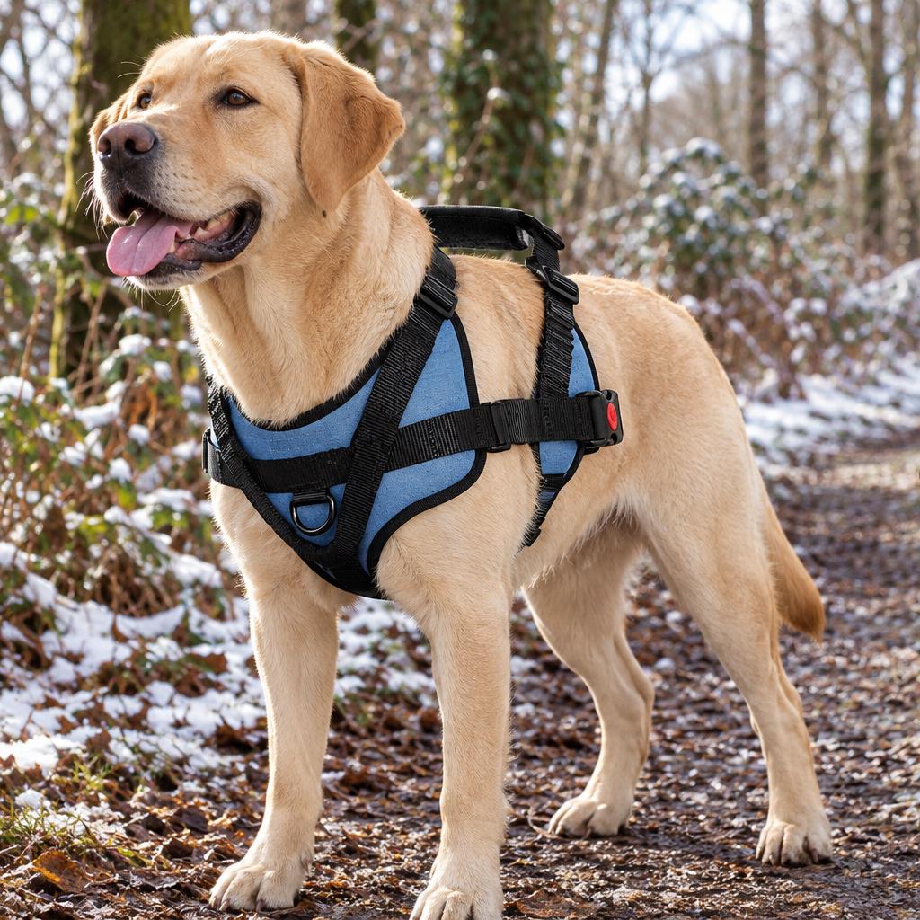 A yellow Labrador wearing the light blue padded no-pull dog harness on a wintry woodland walk