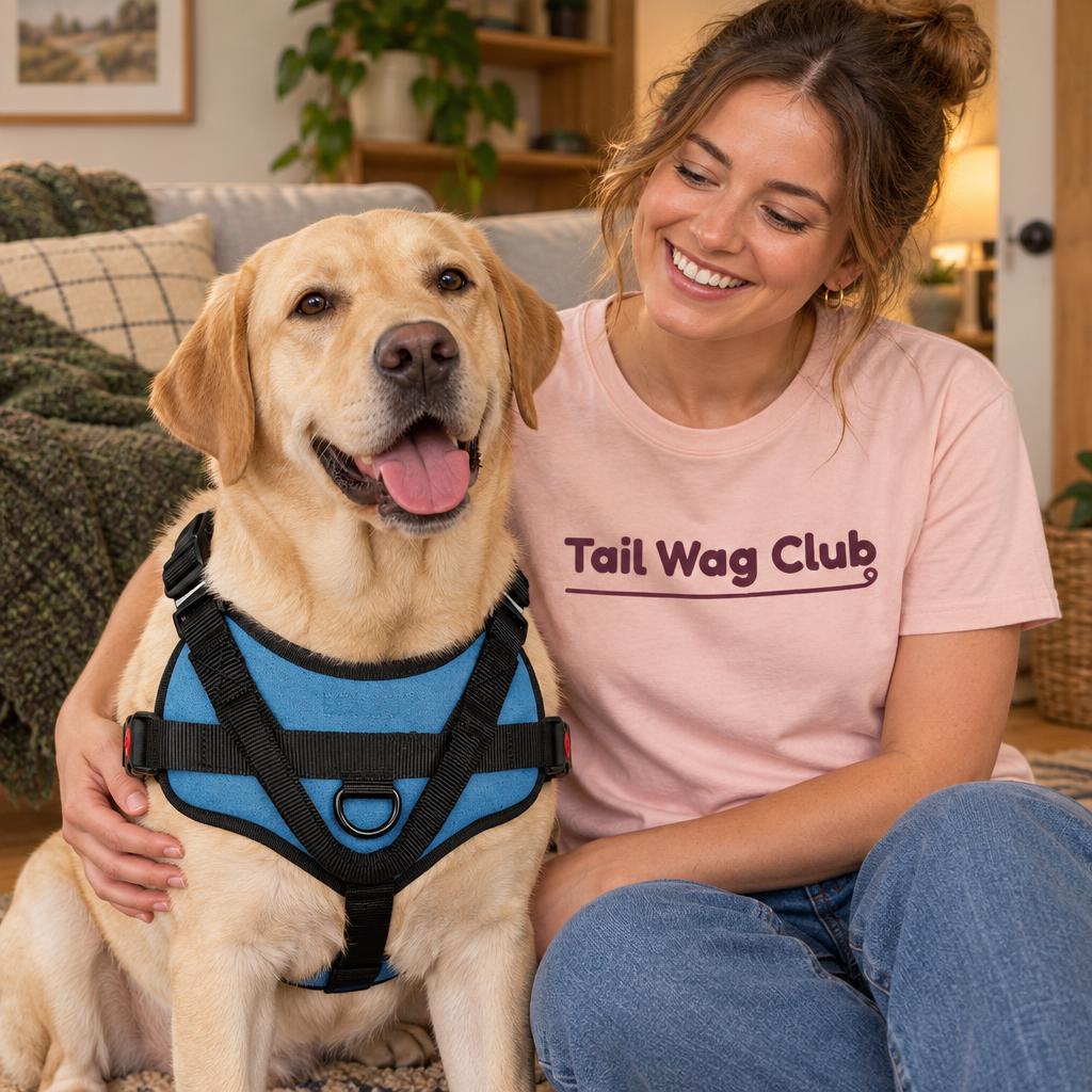 [lifestyle] Smiling owner in a pink "Tail Wag Club" t-shirt with a yellow Labrador and the light blue padded no-pull dog harness