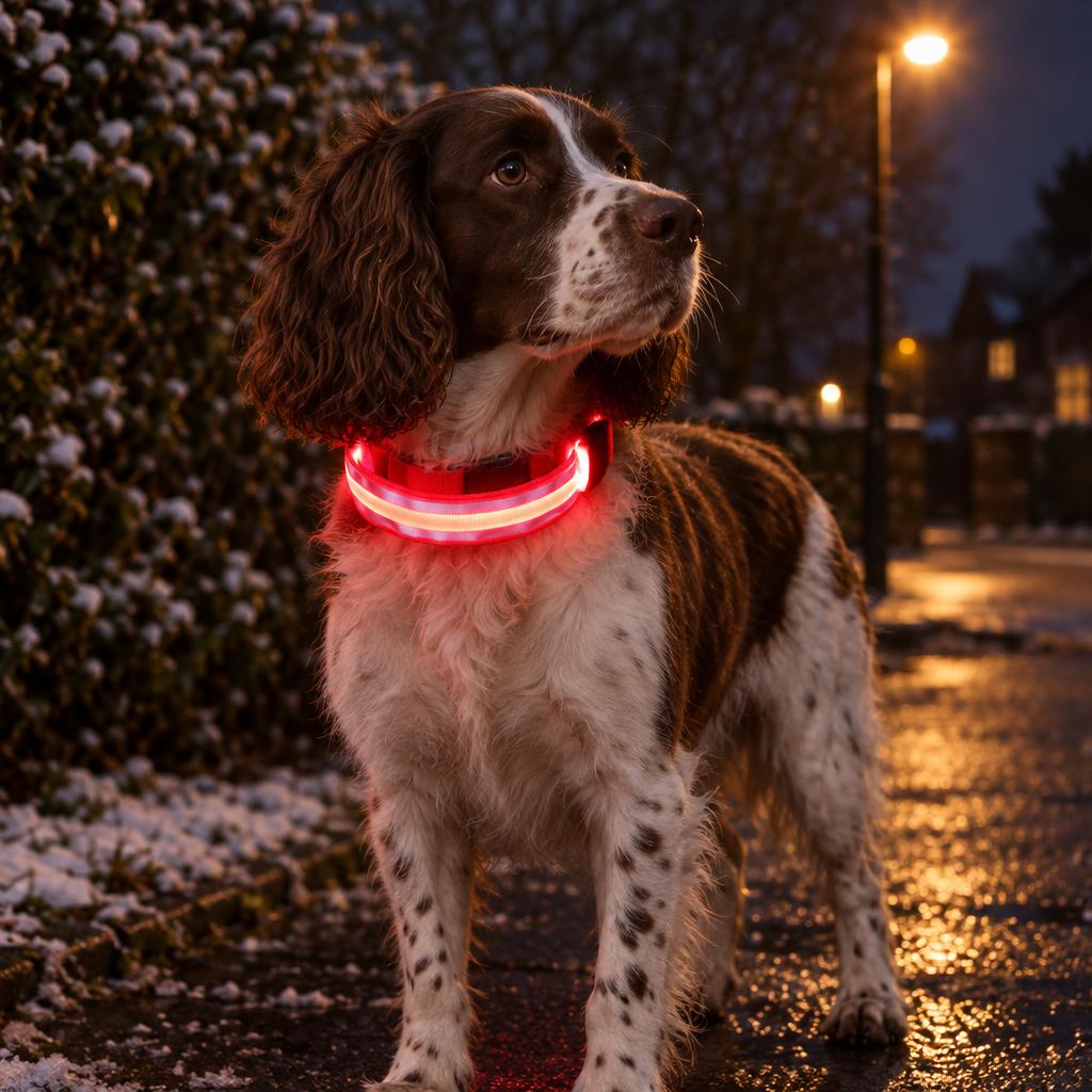 A springer spaniel wearing the red LED light-up dog collar glowing red on a dark evening walk