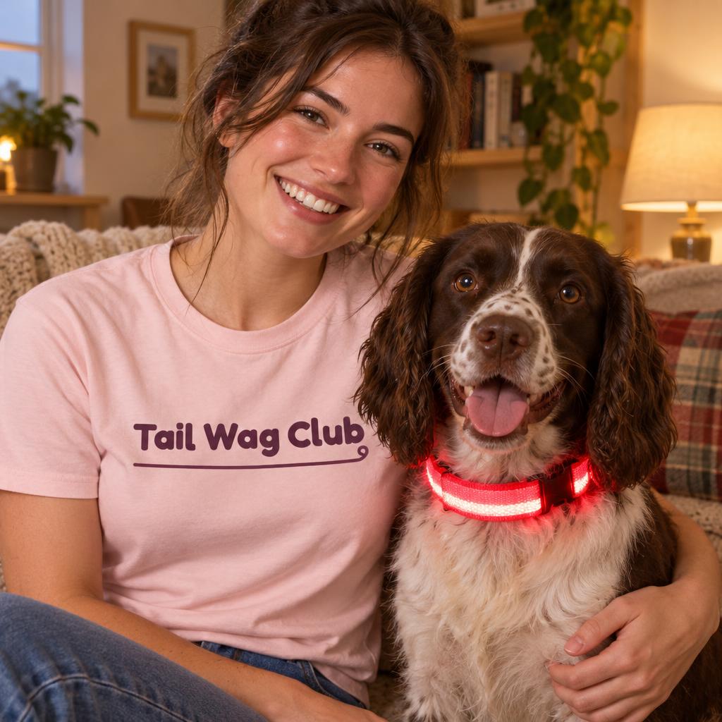 [lifestyle] Smiling owner in a pink "Tail Wag Club" t-shirt with a springer spaniel and the red LED light-up dog collar