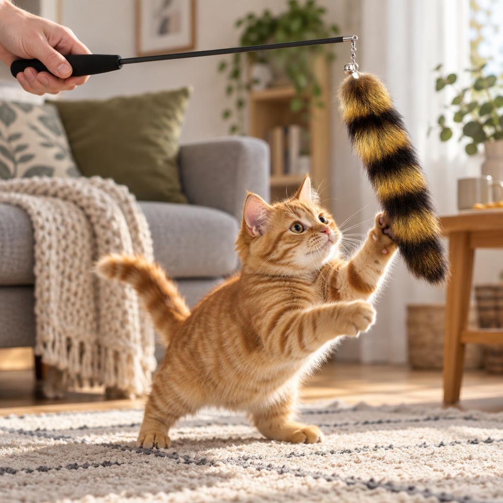 Cat Teaser Wand with Fluffy Tail, Black