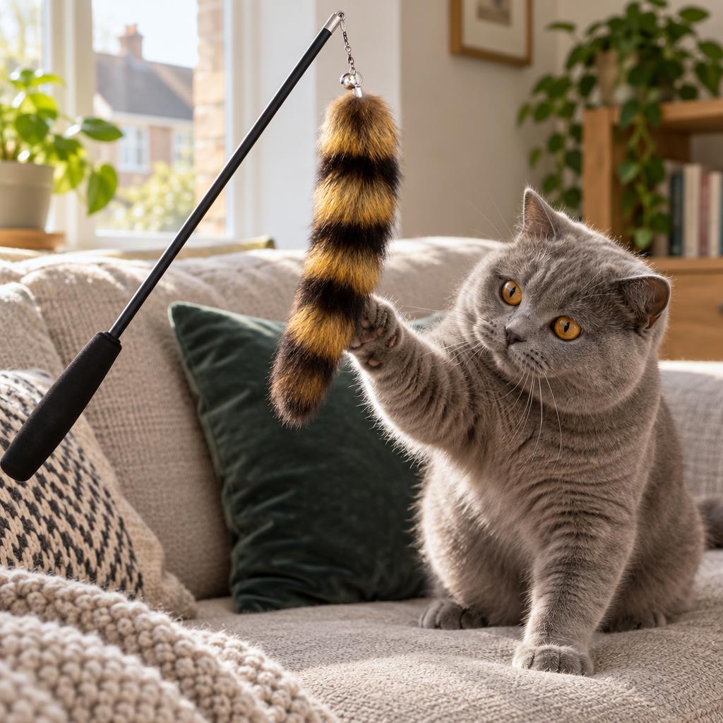 Cat Teaser Wand with Fluffy Tail, Black