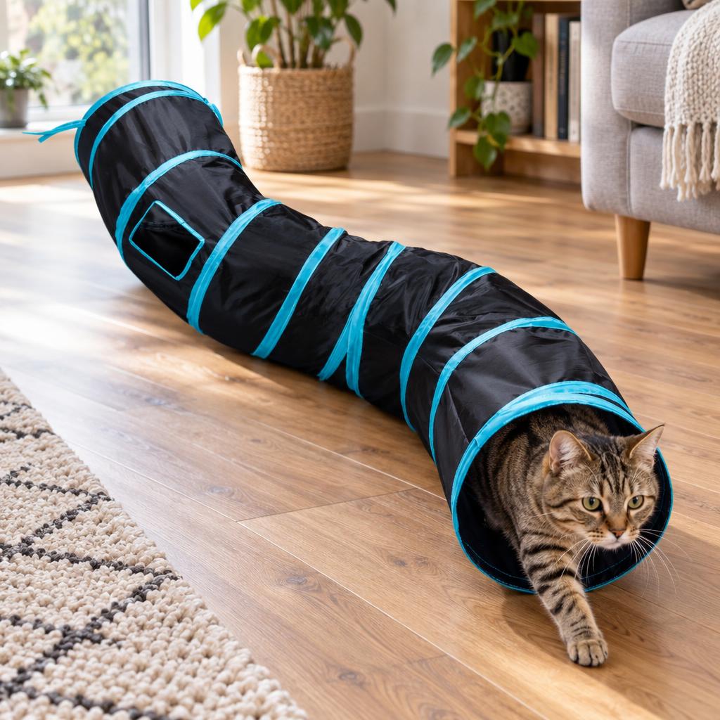 S-Shaped Foldable Cat Tunnel, Blue & Black