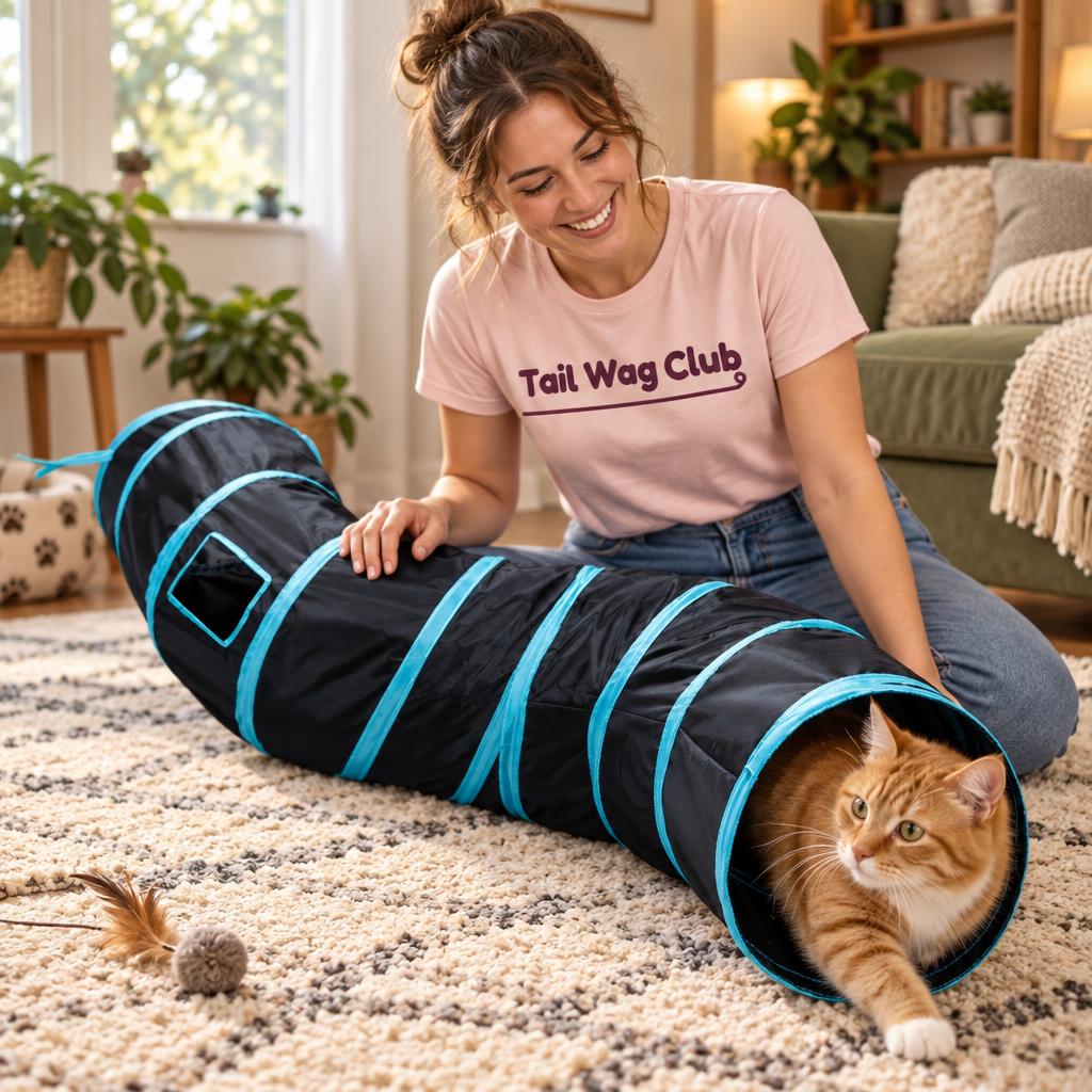 S-Shaped Foldable Cat Tunnel, Blue & Black