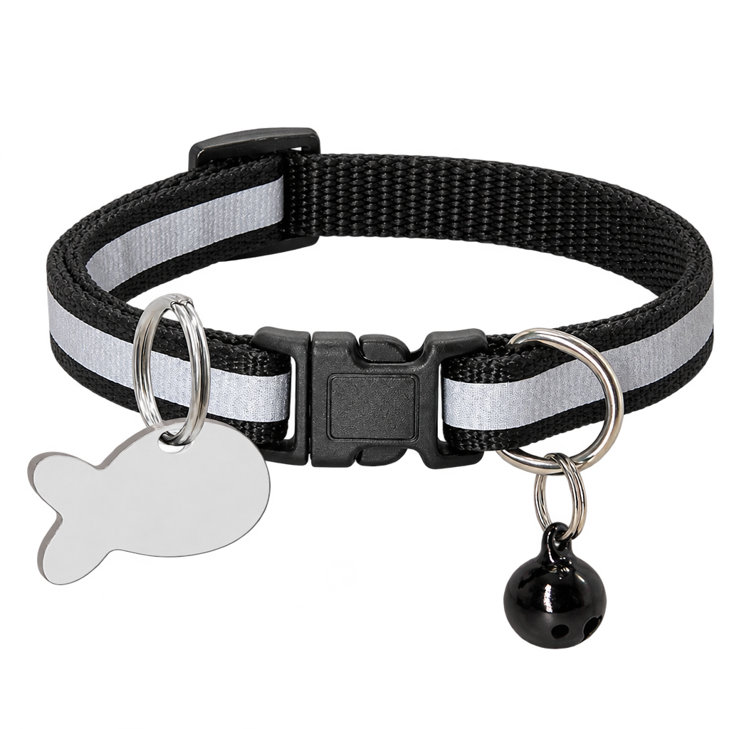 Nylon Reflective Dog & Cat Collar with Fish Tag, Black
