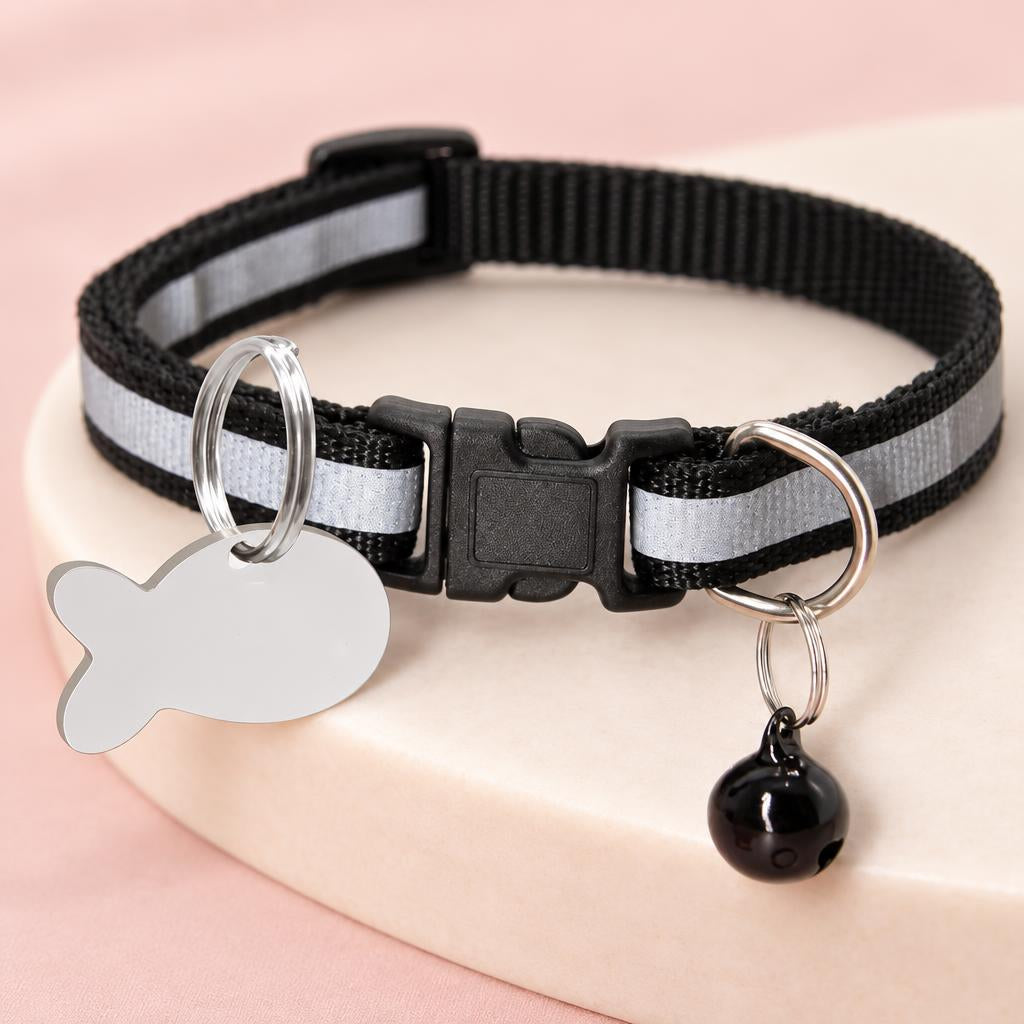 Nylon Reflective Dog & Cat Collar with Fish Tag, Black