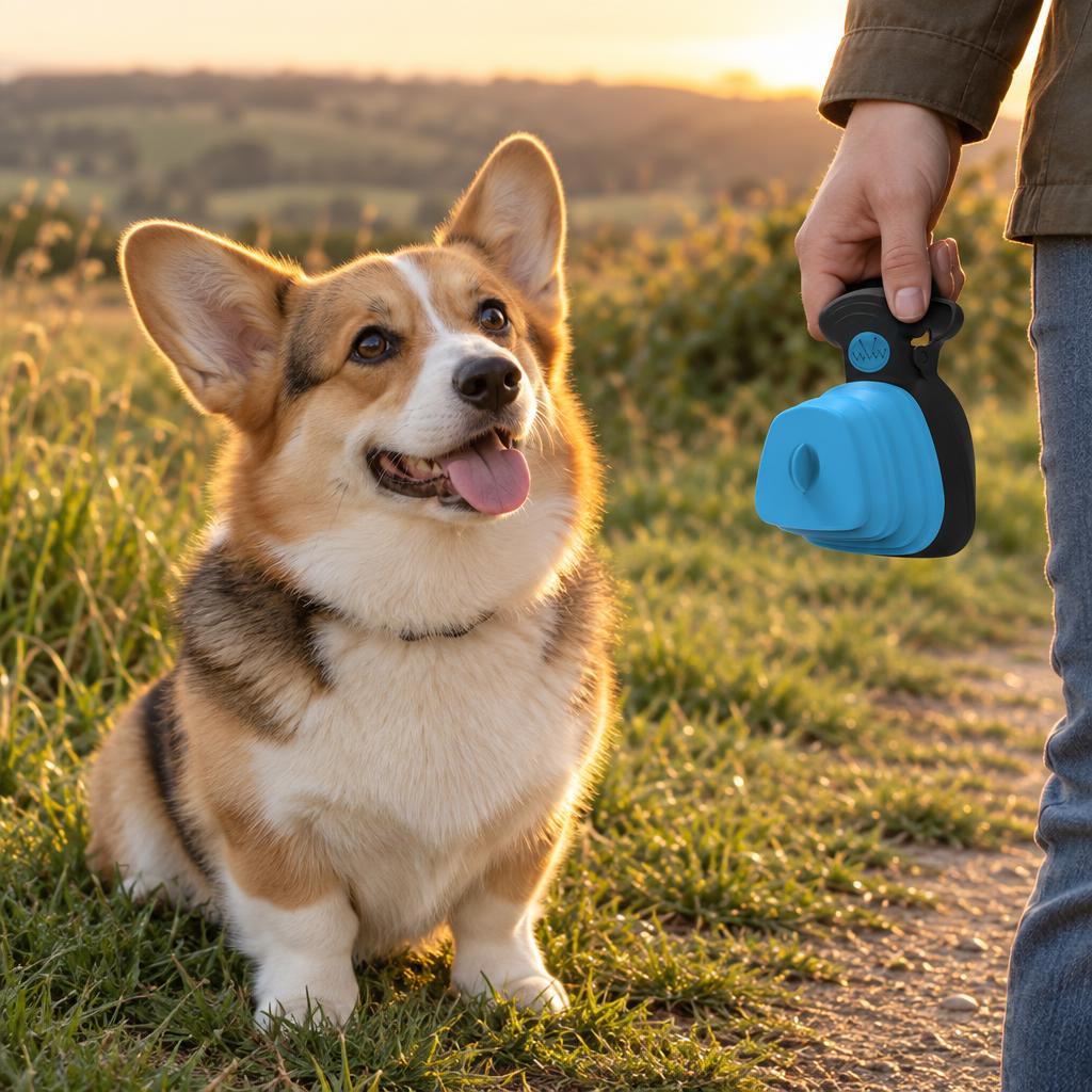 Foldable Poop Scoop with Bag Dispenser, Blue