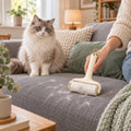 A fluffy grey and white cat on a grey sofa while a hand uses a cream pet hair roller to lift hair from the cushion