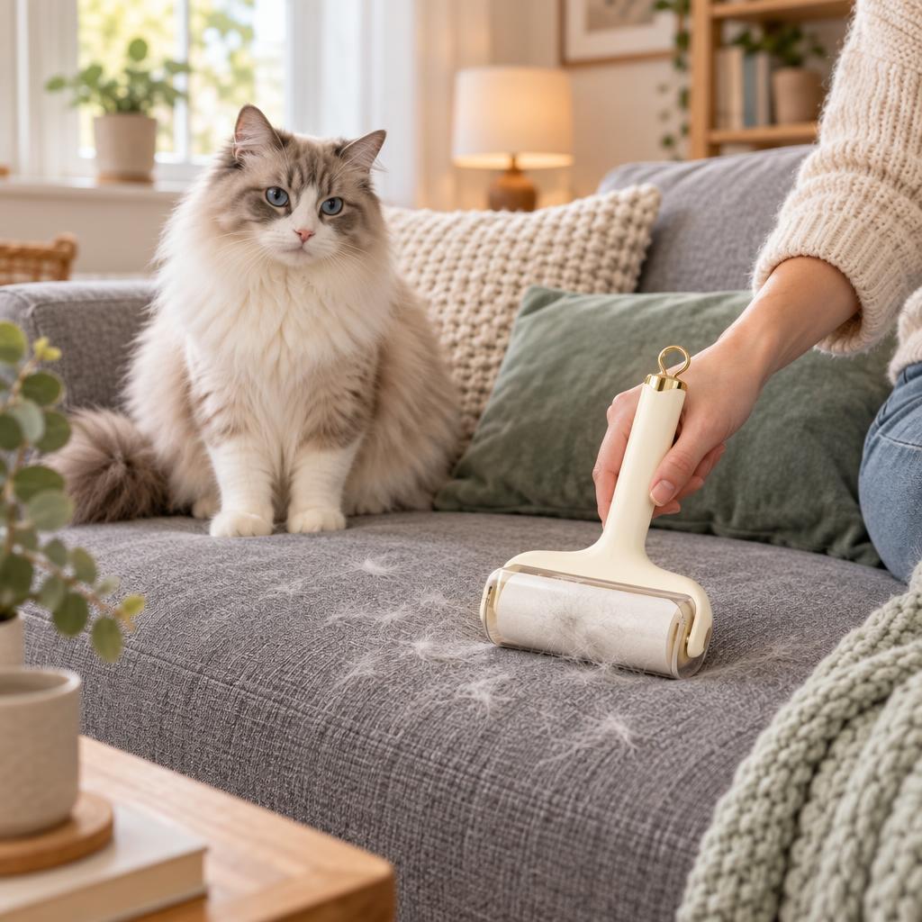 A fluffy grey and white cat on a grey sofa while a hand uses a cream pet hair roller to lift hair from the cushion