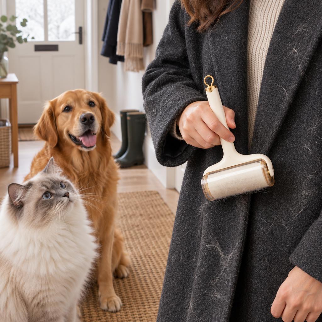 A golden retriever and a fluffy cat in a UK hallway as a woman runs a cream pet hair roller over a dark grey wool coat