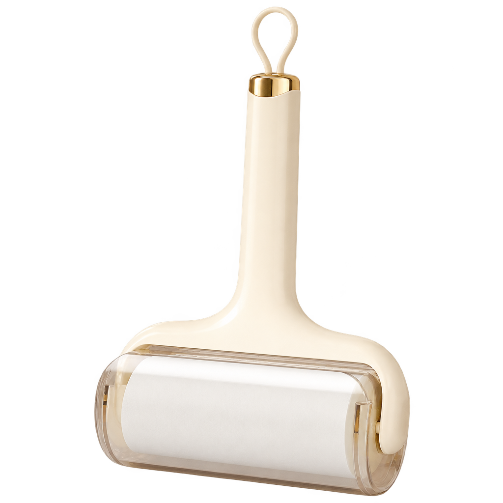 [packshot] Cream pet hair remover roller with a gold ring on the handle and a clear-sided roller head, on a transparent background