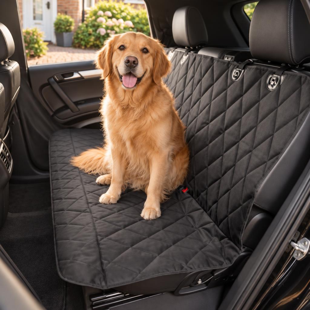 A golden retriever sitting on a black quilted dog car seat cover on a car back seat, with a brick house and hedge through the window