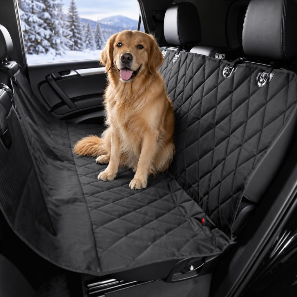 A golden retriever sitting on a black quilted dog car seat cover on a car back seat, with a snowy winter view through the window