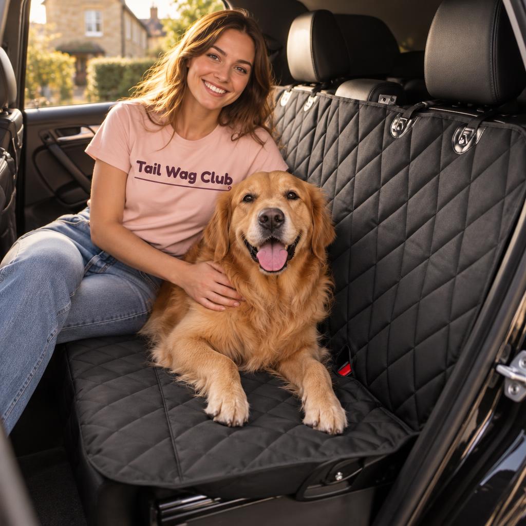 [lifestyle] Smiling owner in a blush-pink "Tail Wag Club" t-shirt with a golden retriever on a black quilted dog car seat cover