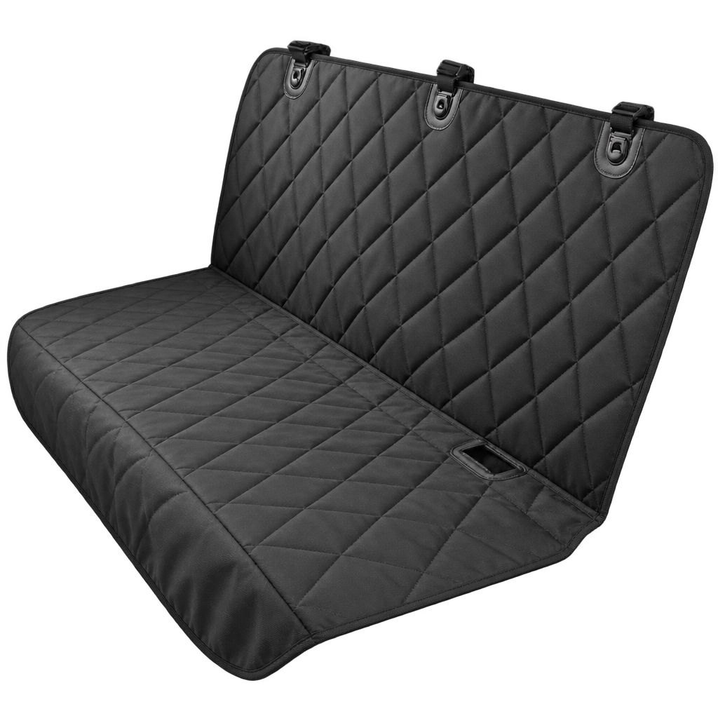 [packshot] Black quilted dog car seat cover without side wings, with three top straps along the backrest, on a transparent background