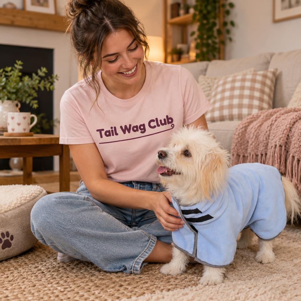 [lifestyle] Smiling owner in a pink "Tail Wag Club" t-shirt with a fluffy white dog and the quick-drying blue towel robe for dogs