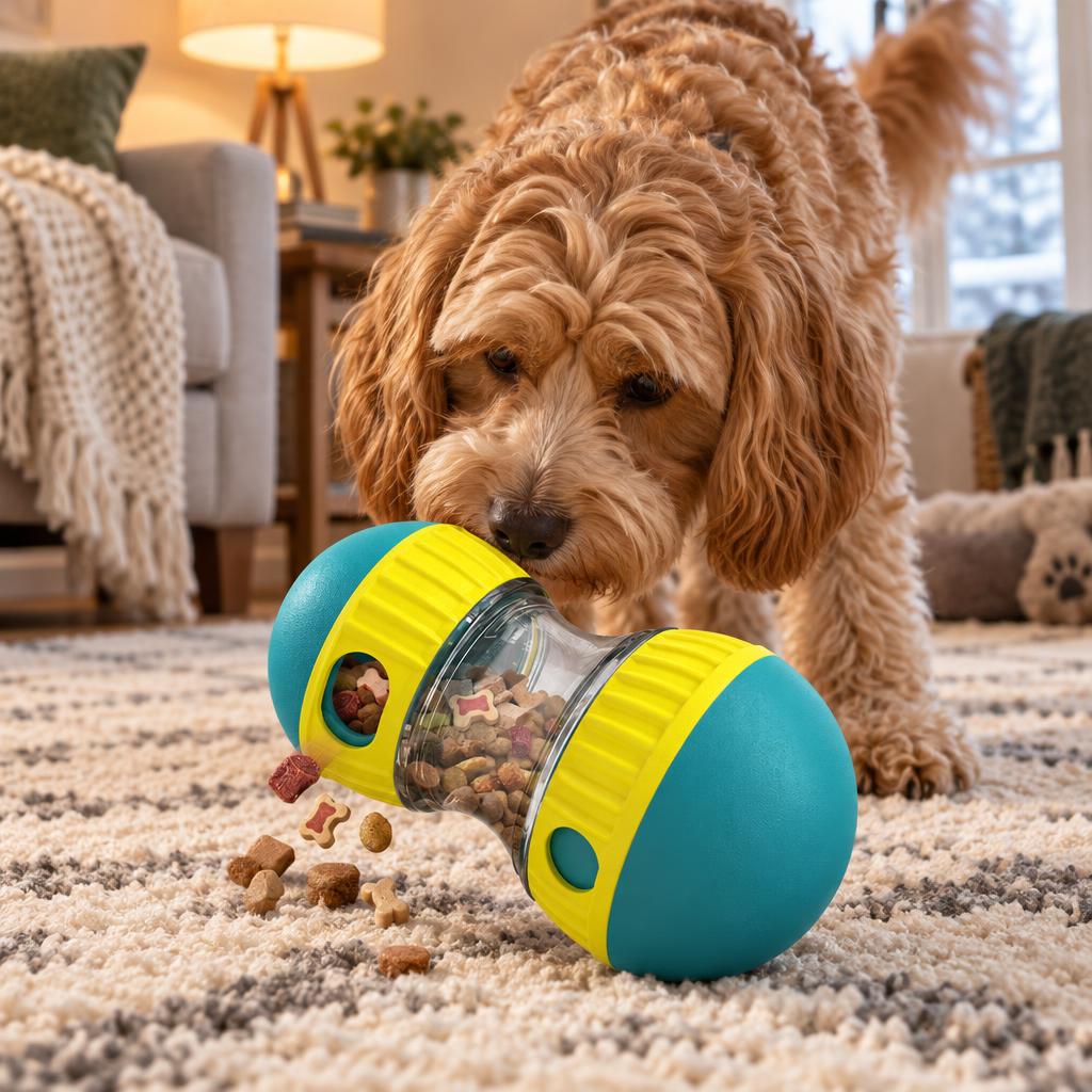 A cockapoo nosing the teal and yellow treat-dispensing tumbler toy on a rug in a cosy UK living room