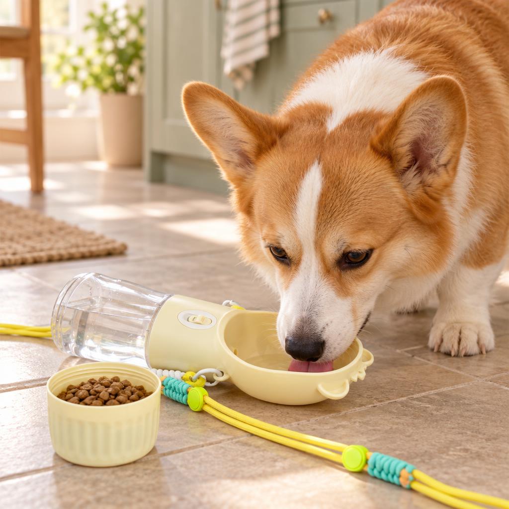 A corgi drinking from the cup of the white 2-in-1 dog travel water bottle on a UK kitchen floor