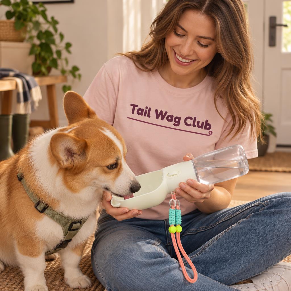 [lifestyle] Smiling woman in a pink "Tail Wag Club" t-shirt giving a corgi water from the white travel water bottle
