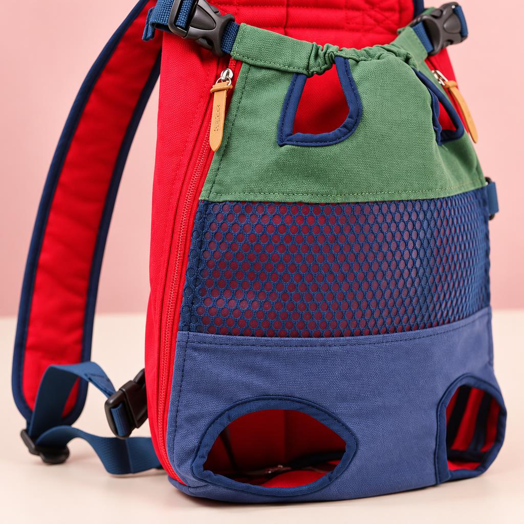 Close-up of the mesh panel, shoulder strap and leg opening of the colour-block pet backpack