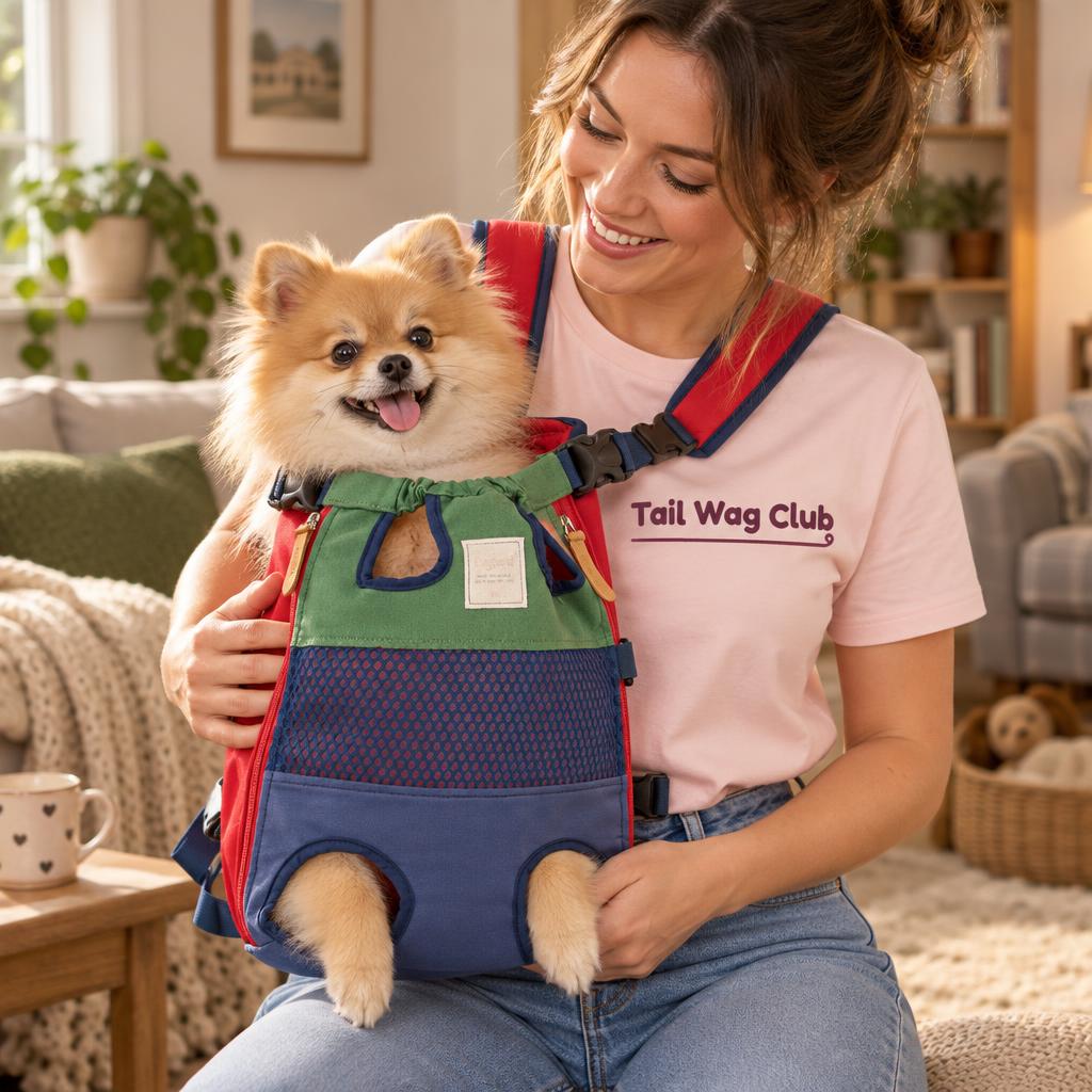 [lifestyle] Smiling woman in a pink "Tail Wag Club" t-shirt with a Pomeranian in the colour-block pet backpack in a cosy UK living room