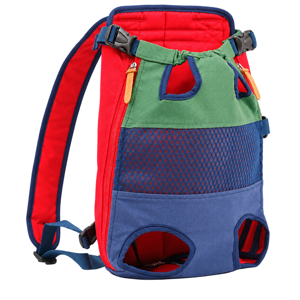[packshot] Green, red and blue colour-block canvas pet backpack with mesh panels and leg openings, three-quarter view on a transparent background