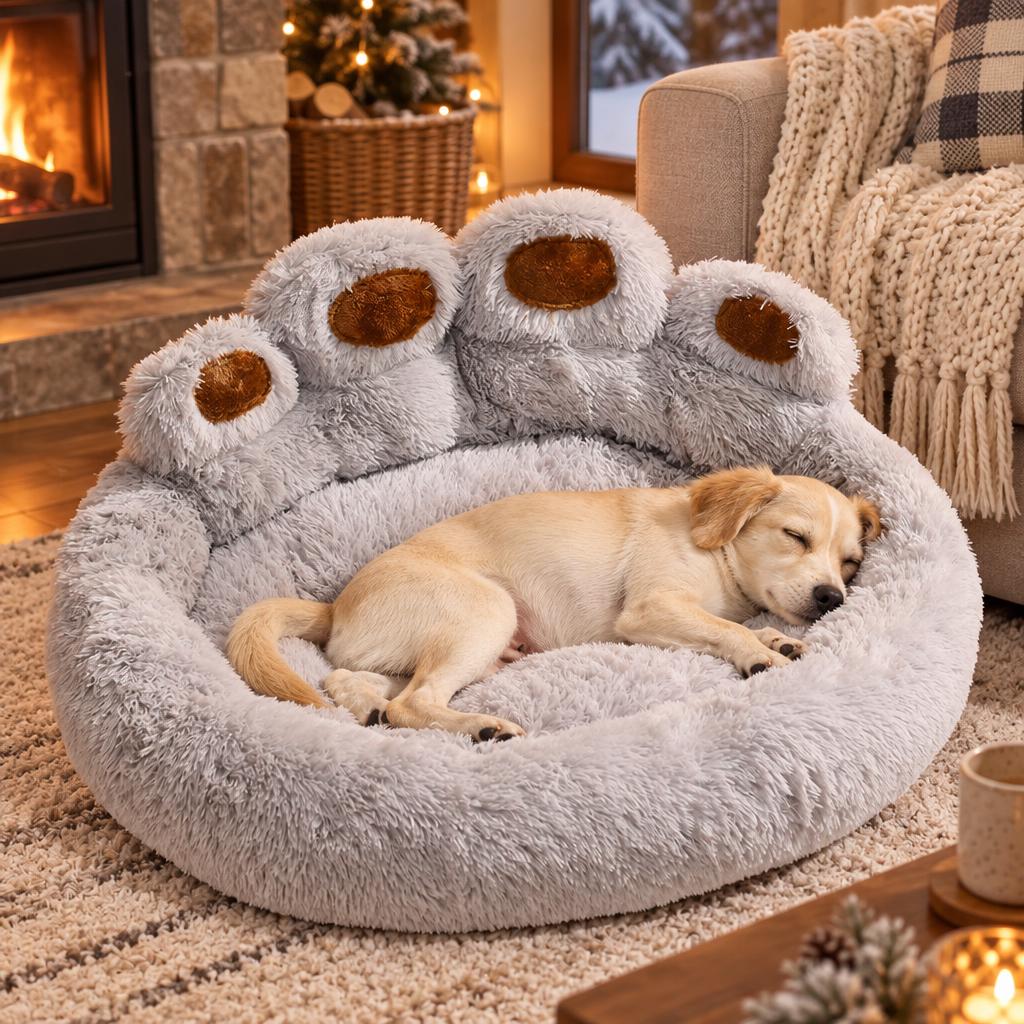 A small dog resting in the paw-shaped pet bed beside a fireplace on a winter evening