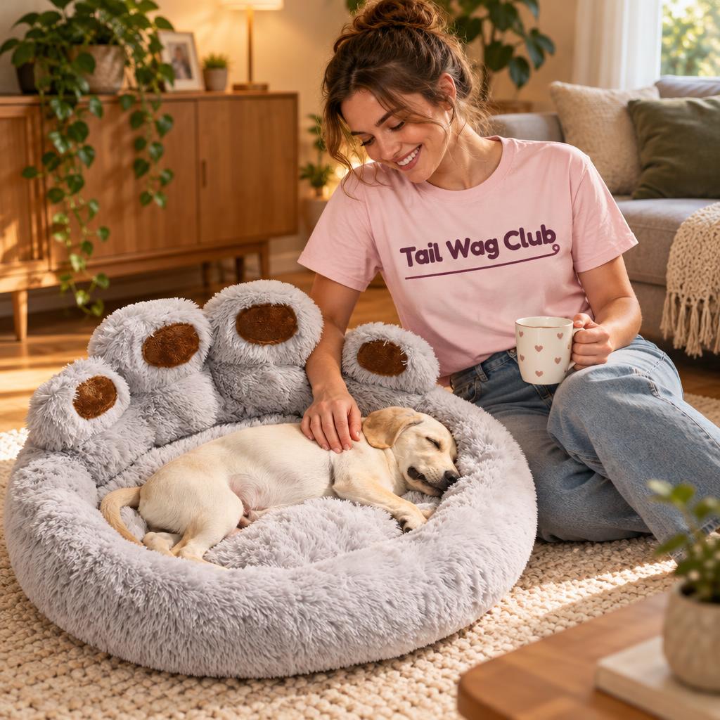 [lifestyle] Smiling woman in a pink "Tail Wag Club" t-shirt with a Labrador puppy asleep in the paw-shaped pet bed