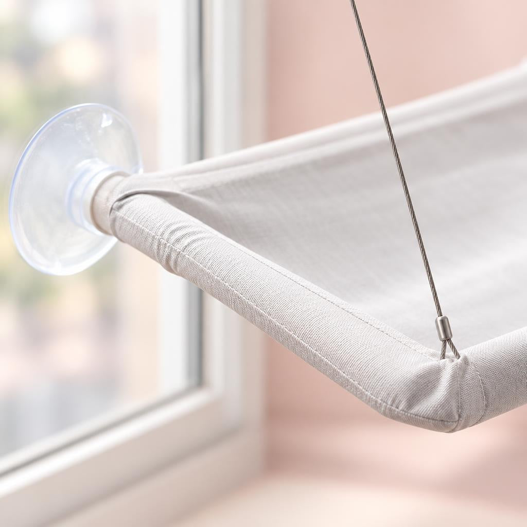 Close-up of the hammock fabric, frame corner and suction cup on the window glass