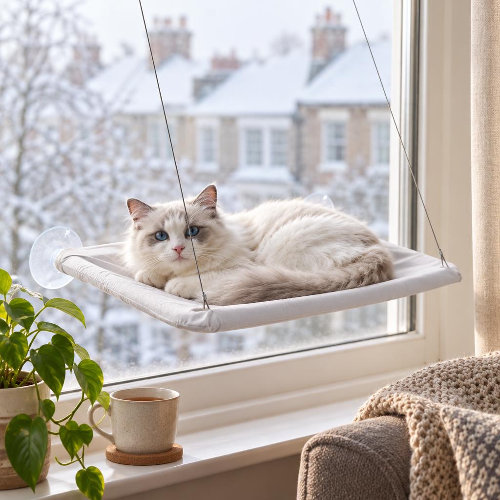 A fluffy white cat curled up in a window hammock beside a cup of tea and a plant, with a snowy winter view