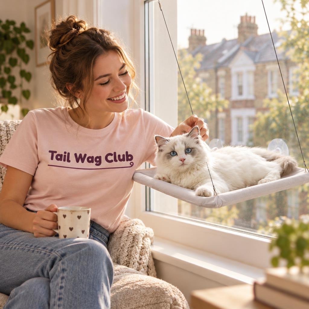 [lifestyle] Smiling woman in a pink "Tail Wag Club" t-shirt with a fluffy white cat in a window hammock