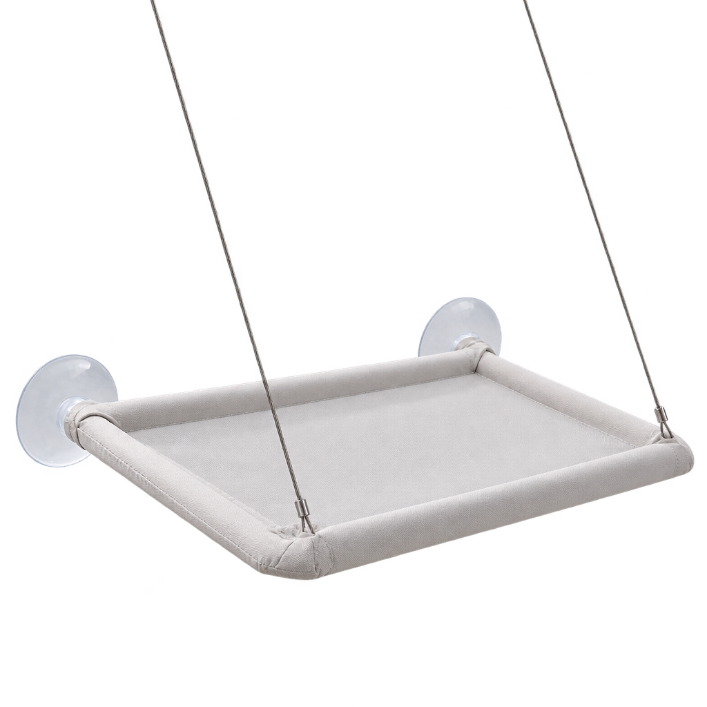 [packshot] Grey and white cat window hammock with suction cups and cables, three-quarter view on a transparent background