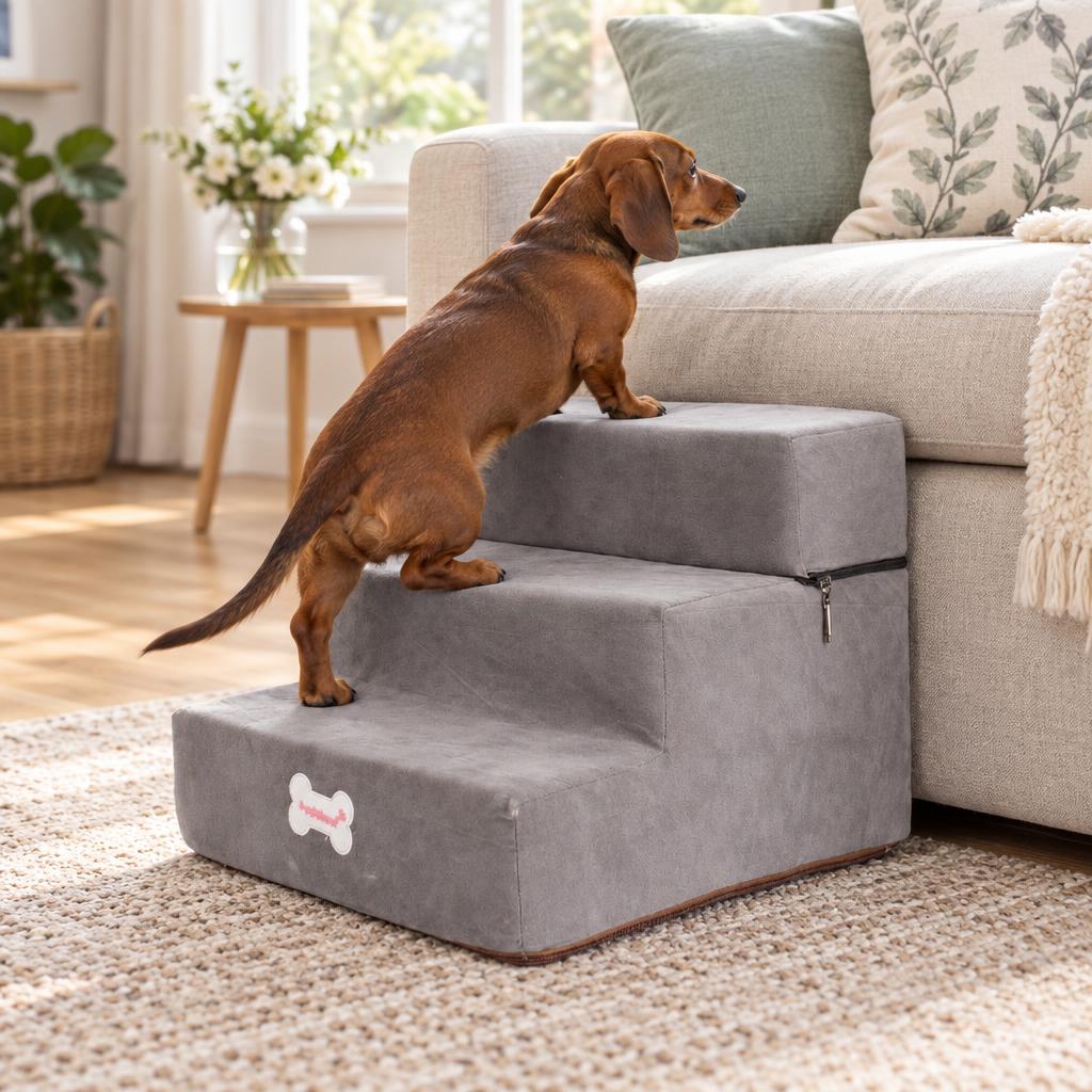 Dachshund climbing the 3-step pet stairs onto a sofa